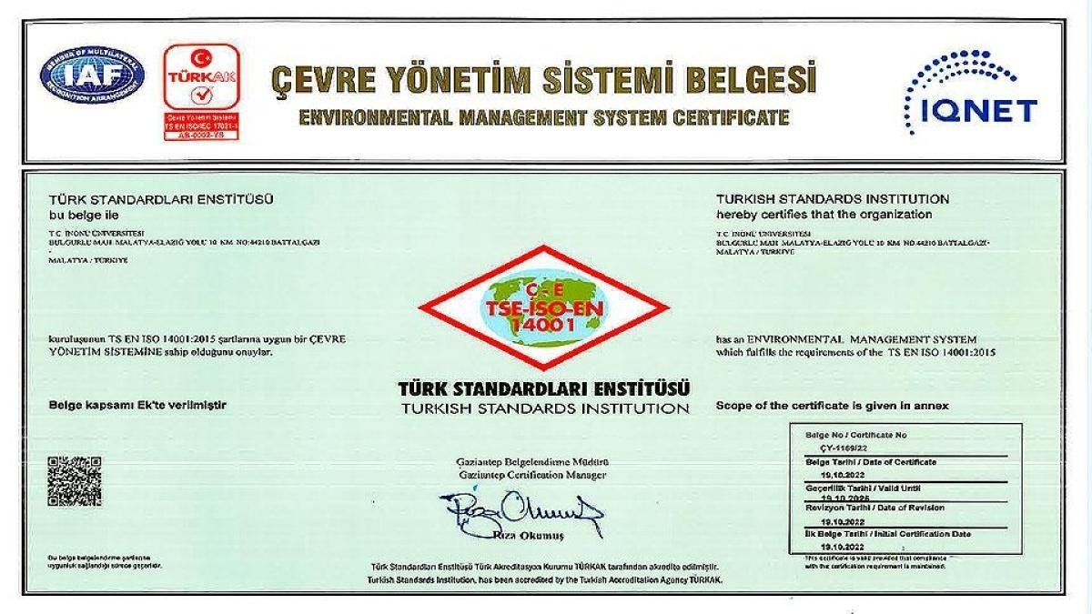 İnönü Üniversitesi’ne Çevre Yönetim Sistemi belgesi